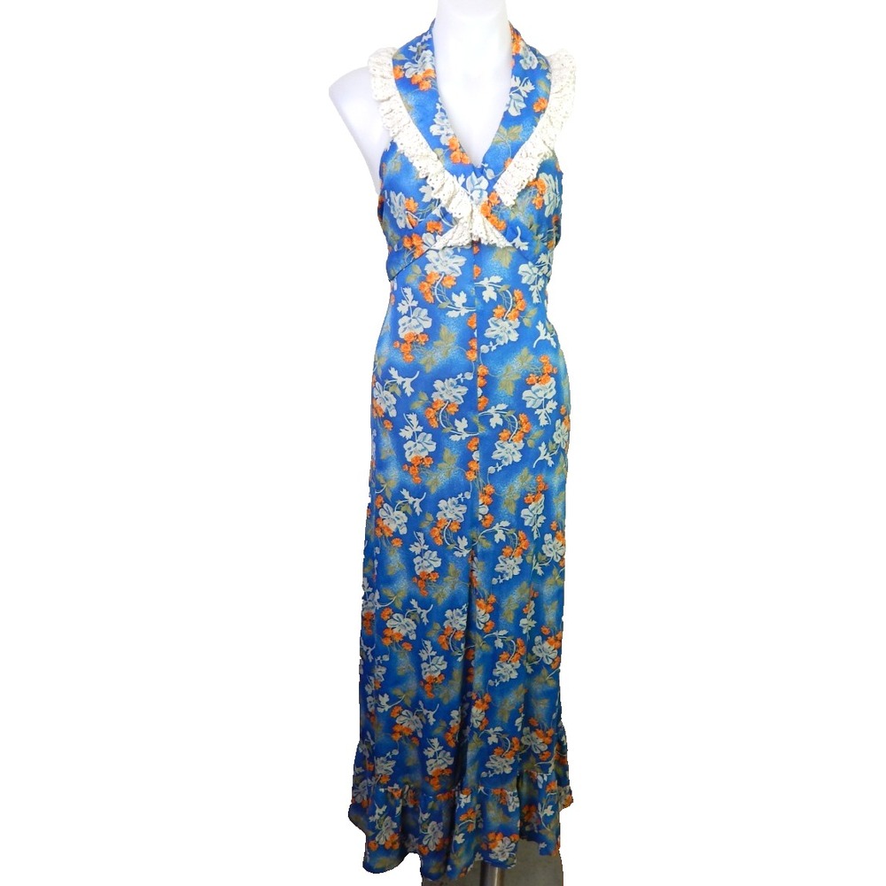 Vintage 1970s Small Maxi Dress Blue Floral Lace Trim Boho Halter Handmade Hippie